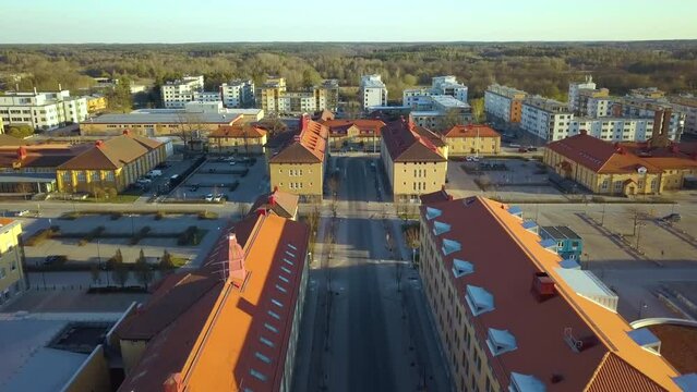 Aerial view of Swedish apartment buildings in Linkoping residential area. Family condos housing development in Sweden city