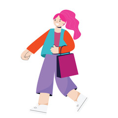 A girl in modern youth bright clothes with a shopping bag in her hands walks cheerfully. Mtsltyash flat illustration isolated on white background.