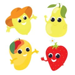 Fotobehang Set of tropical fruits and berries pear, strawberry, mango, lemon in cartoon style isolated on white background. Fruits have faces and handles. Character design for children's design. © Kateryna Polishchuk