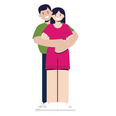 Fototapeta premium A girl and a guy in modern youth bright are standing hugging. The couple is in a friendly or romantic relationship. Cartoon flat illustration isolated on white background.
