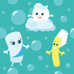 Oral hygiene seamless pattern in cartoon style. Happy tooth and toothbrush and toothpaste in soap bubbles.