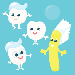 Obraz premium Set of stickers teeth and toothbrush. The characters are healthy and smile happily. Cartoon illustration for children.