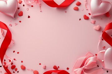 Happy valentine's day text  template design. Top view photo of valentine's day decorations heart shaped giftbox with red ribbon bow on isolated pastel pink background with copyspace
