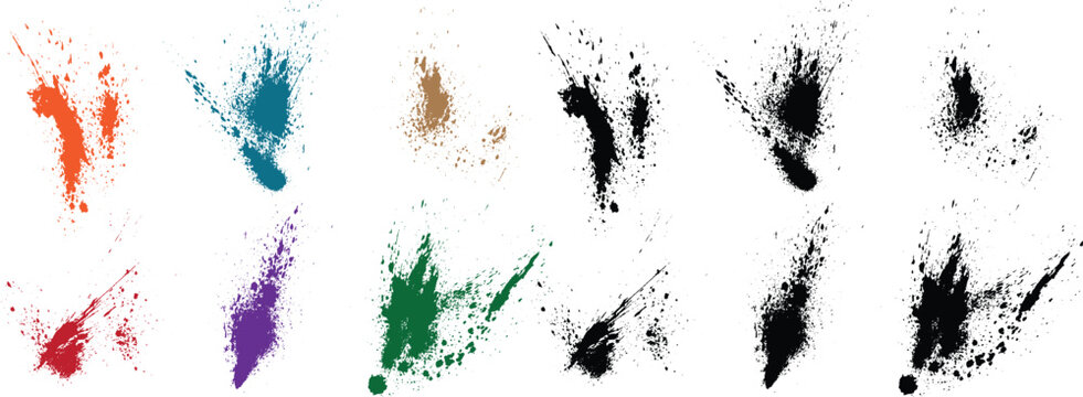 Grungy hand-painted set of dripping wheat, orange, red, black, green, purple color blood splash vector background