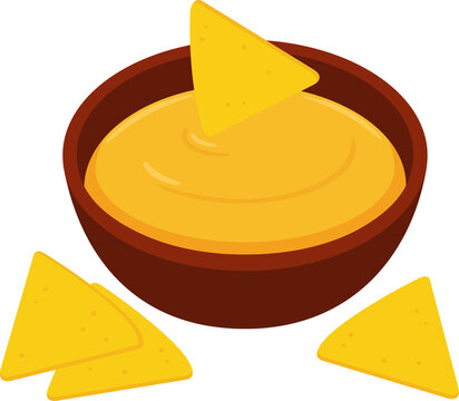 Mexican nacho corn chips with cheese dipping sauce, cartoon drawing. Isolated clip art illustration.