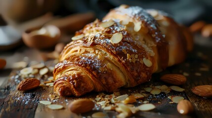 Fresh croissant with almonds on rustic wooden table, closeup