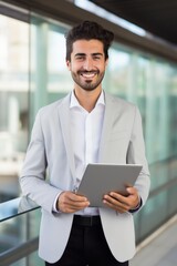 Fototapeta premium Cheerful Middle Eastern Businessman with Tablet in Office Building
