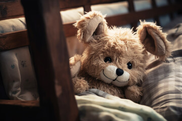 Cute teddy bear lying on bed in the morning, soft focus