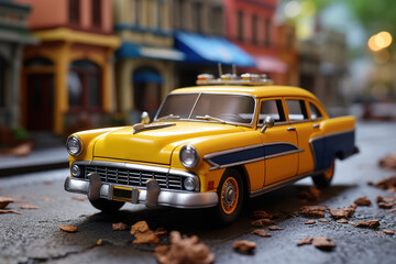 Miniature yellow taxi on the street with autumn leaves in the background