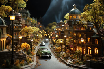 Fototapeta na wymiar Toy Car City. Miniature of urban architecture. Macro shooting with selective focus. 