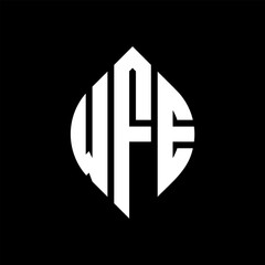 Obraz premium WFE circle letter logo design with circle and ellipse shape. WFE ellipse letters with typographic style. The three initials form a circle logo. WFE circle emblem abstract monogram letter mark vector.