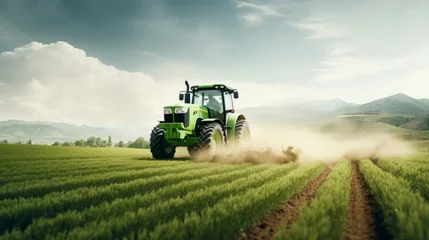 Gordijnen A big green tractor is working the field © Stefan95