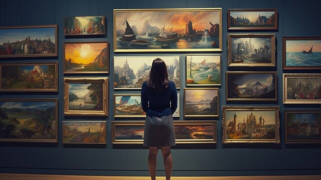 Woman visiting art gallery, looking pictures on wall at artwork museum, 16:9