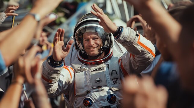 An astronaut is met on Earth after landing