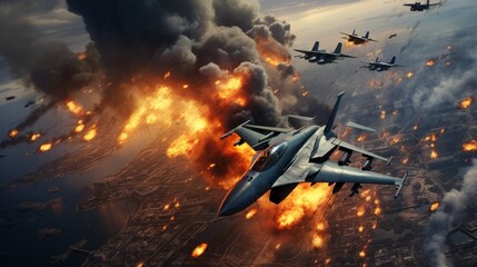 A fighter plane flying through the fire