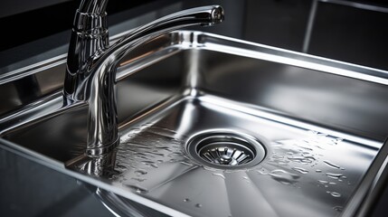 close up stainless steel shiny perfectly clean kitchen sink with a tap, copy space, 16:9