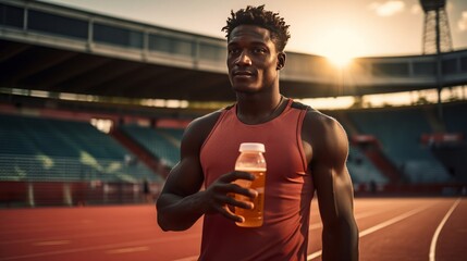 male black sprinter / runner athlete on a track holding cold isotonic sports water drink, 16:9