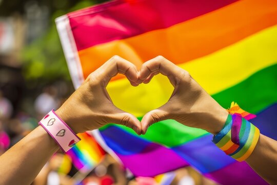 Handmade Heart in Pride Colors.
A heart sign with hands in front of a blurred pride flag during a festive parade.