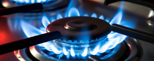 Gas stove with blue flame burning in the kitchen, near black cast iron frame. Generative AI