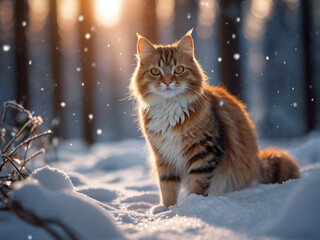 Fluffy cat playing in the snow