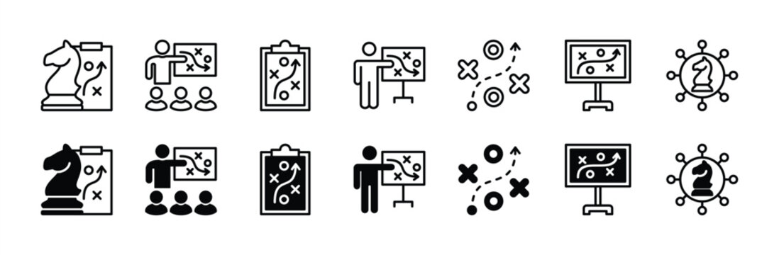 Strategy thin line icon set. Business strategy management and planning concept. Action plan, solutions, plans, and success targets. Vector illustration