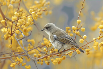 Obraz premium A bird on a flowering acacia branch, as if composing a melody with the blossoms