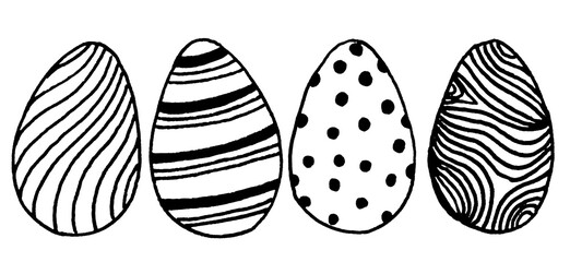 Set collection of hand drawn black lined easter eggs with different dots, waves, lines.Easter party isolated elements.Isolated