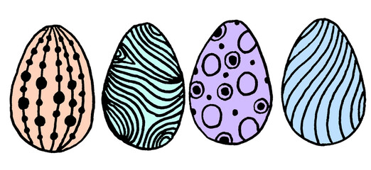 Set collection of hand drawn lined easter eggs with multicolored different dots, waves, lines.Easter party isolated elements.Isolated