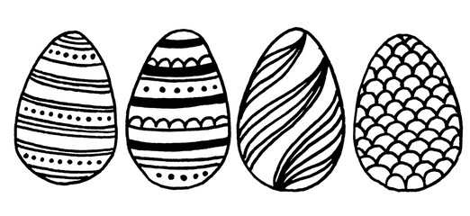 Set collection of hand drawn black lined easter eggs with different dots, waves, lines.Easter party isolated elements.Isolated