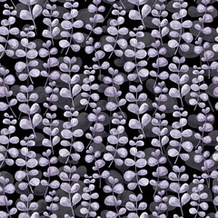 Watercolor hand painted seamless pattern with eucaliptus violet branches and twigs.Botanical spring summer easter party background on black