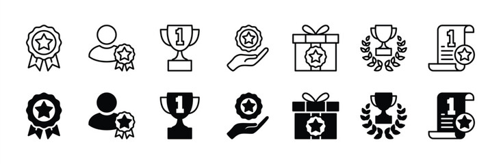 Award and reward icon set. Success thin line icons. Badge, trophy, Gift, and Certified Medal icons symbol. Vector illustration 
