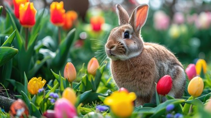 Fototapeta na wymiar A captivating arrangement of tulips in dazzling, uncommon colors and types, encircled by a variety of charming Easter eggs, with an adorable, fluffy bunny sitting amidst the vibrant floral display