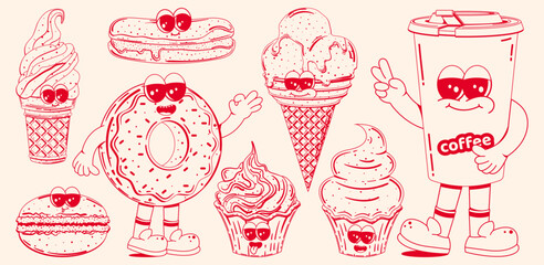 Set of Posters with trendy retro cartoon characters of sweet fast food in linear style without shading. Modern cartoon style. Mascots for bar, restaurant menu. Vector illustration.