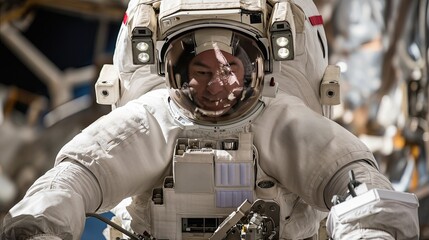 An astronaut in a spacesuit prepares for a spacewalk
