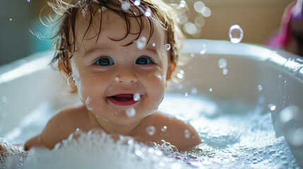 Fototapeta na wymiar Caucasian Baby smile and bath in a bubble bath with soapy bubbles. Joyful bathing kid, daily routine, washing baby.