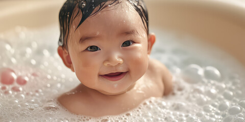 Asian Baby smile and bath in a bubble bath with soapy bubbles. Joyful bathing kid, daily routine, washing baby.