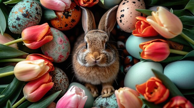 A captivating arrangement of tulips in dazzling, uncommon colors and types, encircled by a variety of charming Easter eggs, with an adorable, fluffy bunny sitting amidst the vibrant floral display