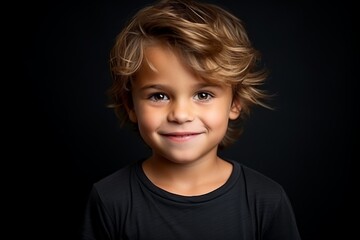 Portrait of a cute little boy with blond hair on black background - obrazy, fototapety, plakaty