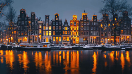 Obraz premium Illuminated buildings near river at night in Amsterdam city 