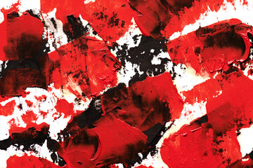 Red and black abstract background, art collage. Chaotic brush strokes and paint stains on white paper