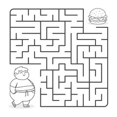 Vector Maze game for kids. Coloring book. A cartoon fat boy is trying to get to a sandwich through a maze. Funny puzzle game for kids.