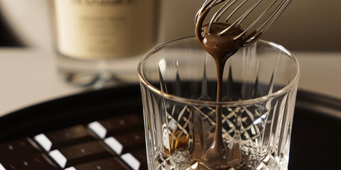 Preparing coffee, pour the liquid chocolate from the mixer whisk into an empty glass. Whipped...