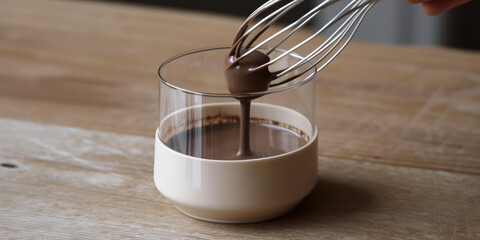 Preparing coffee, pour the liquid chocolate from the mixer whisk into an empty glass on wooden table. Whipped Dalgona or Macau Coffee with chocolate. Preparation of a sweet hot drink, recipe.