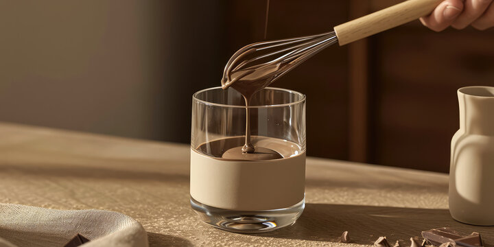 Preparing coffee, pour the liquid chocolate from the mixer whisk into an empty glass. Whipped Dalgona or Macau Coffee with chocolate. Preparation of a sweet hot drink, recipe.