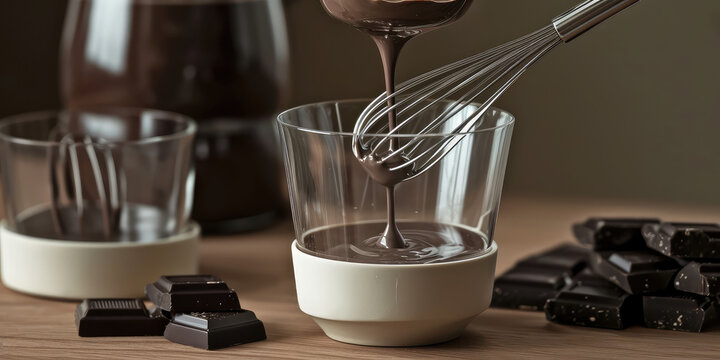 Preparing coffee, pour the liquid chocolate from the mixer whisk into an empty glass. Whipped Dalgona or Macau Coffee with chocolate. Preparation of a sweet hot drink, recipe, chocolate bar.