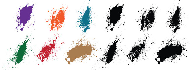 Paint brush stroke realistic bloody splatter blob purple, wheat, black, red, green, orange color vector blood background illustration set - obrazy, fototapety, plakaty
