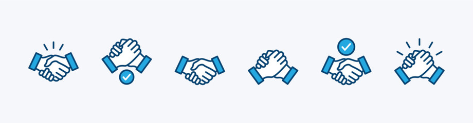 Handshake icon set. Business agreement handshake or friendly handshake icon with check mark symbol for apps and websites. Vector illustration
