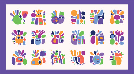 Simple creature and leaf illustration collection in bold style for kids fun graphic design. Whimsical colorful vector drawing in happy folklore style set of motifs. 