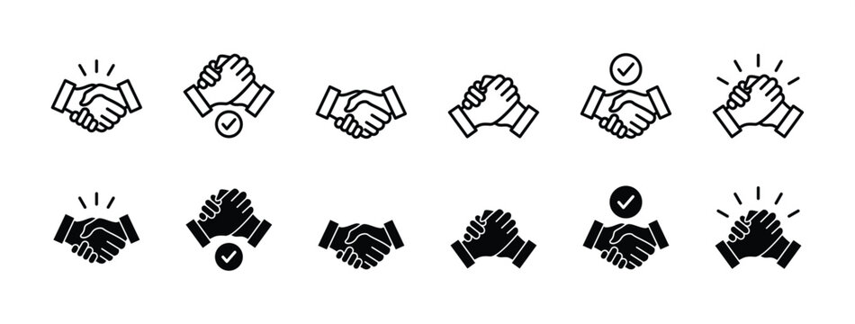 Handshake icon set. Business agreement handshake or friendly handshake icon with check mark symbol. Vector illustration