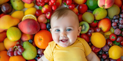 Fototapeta na wymiar Top view of a smiling baby with blue eyes lying in a pile of fresh different fruits. Creative concept of the benefits of fresh fruits for children's health, proper nutrition.